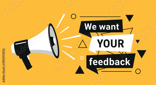 Megaphone with we want your feedback message modern flat illustration customer review concept banner with geometric elements