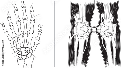Vintage anatomical illustration of human hand skeleton and knee joint isolated on white background