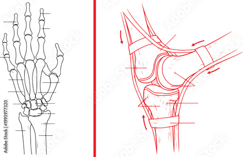 Human hand skeleton and joint ligament anatomy diagram illustration isolated on white background