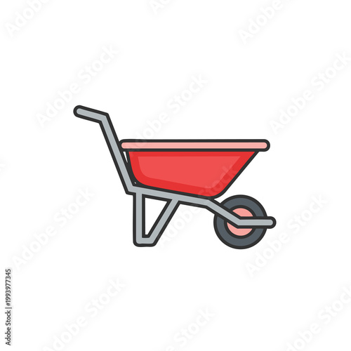 A simple flat design icon of a red wheelbarrow used for garden construction work.
