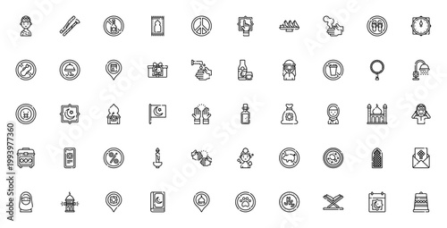 Muslim icon set. Islamic symbols vector collection. Includes Hajj, Halal, Mosque, Quran, Prayer, Fasting, Zakat and more. Editable line icons.