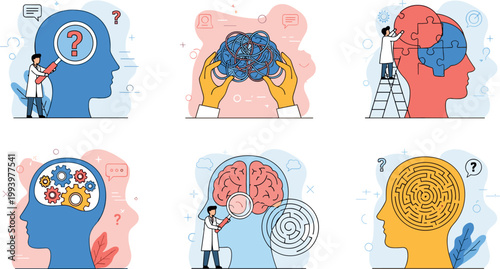 Mental health and psychology concept collection with human head brain puzzles problem solving therapy and thinking illustration set