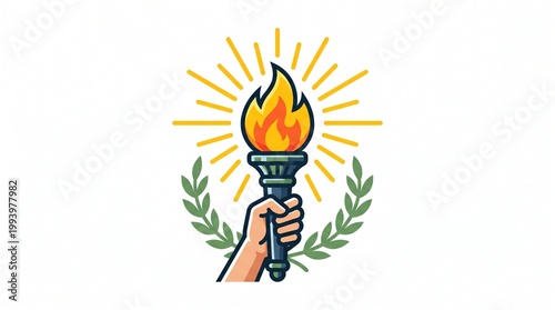 Single object clipart illustration of May Day (International Workers’ Day) featuring a symbolic torch of freedom held upright with glowing light rays and subtle laurel wreath wrapping the base