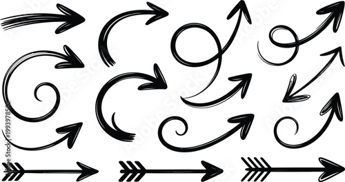 Collection of handdrawn black arrows in various shapes and directions isolated on transparent background