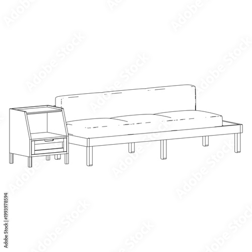 Perspective view of daybed with side table in clean outline rendering, presenting modern and minimal lounge furniture.