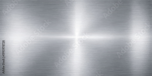 Polished silver brushed metal texture background with a shiny stainless steel plate pattern and light grey aluminum surface reflection