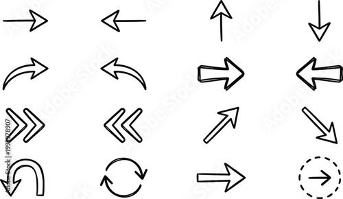 A collection of handdrawn arrow icons representing different directions and movements on a transparent background