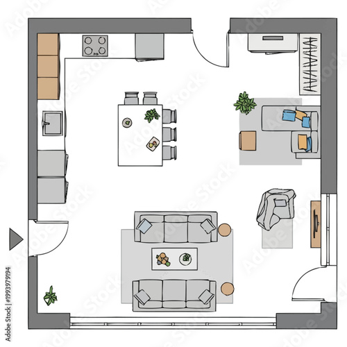 Overhead architectural floor plan rendering showcasing a spacious L shaped apartment layout with integrated kitchen dining room living room and seating areas designed for comfortable modern