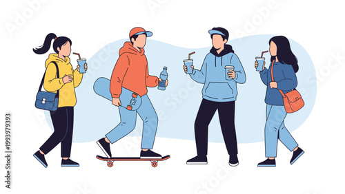 Diverse group of teenagers hanging out together with one on a skateboard and others holding drinks while walking and talking.