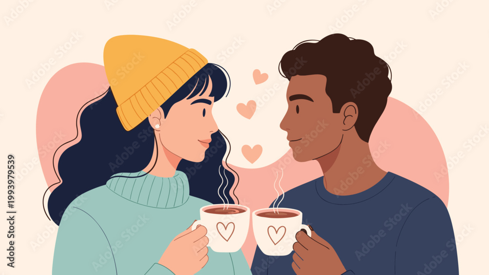 Fototapeta premium Diverse couple shares a romantic and cozy moment while looking at each other and holding warm coffee mugs with heart designs.