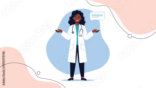 Black female medical professional in a lab coat gesturing with her hands while explaining information to a patient.