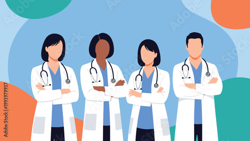 Professional medical team consisting of four diverse doctors in white coats standing together with arms crossed.