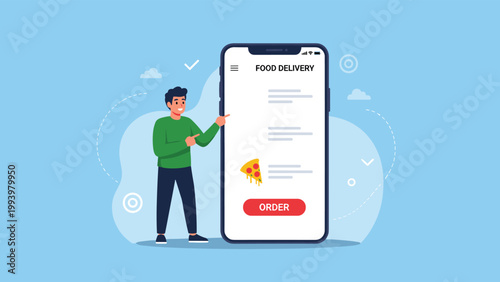 Young man standing next to a large smartphone and pointing at a food delivery app while ordering a fresh pizza.