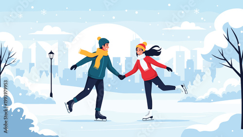 Happy young couple ice skating together on a frozen pond in a beautiful snowy winter park with a city background.