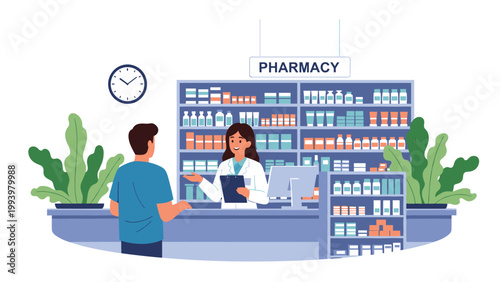 Professional female pharmacist in a white coat consulting a male customer at a counter stocked with various pharmaceutical products.