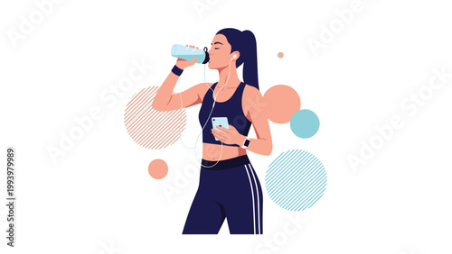 Young woman in fitness apparel drinking fresh water from a bottle while holding a smartphone after an intense workout session.