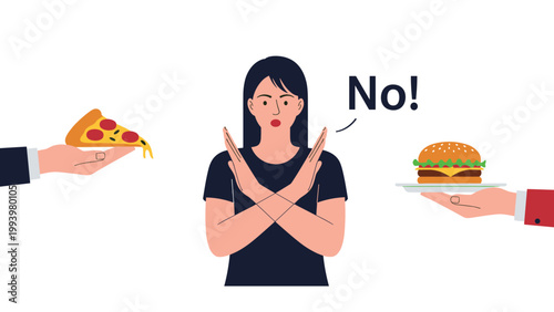 Young woman making a rejection gesture with crossed arms to refuse fast food like pepperoni pizza and a hamburger on a plate.