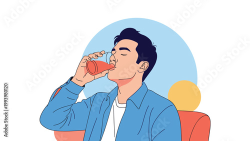 Young man in a casual blue shirt enjoying a refreshing glass of orange juice while relaxing in a chair against a blue background.