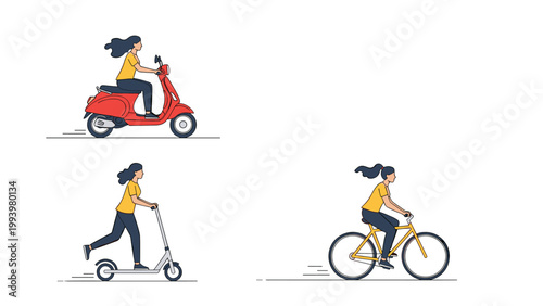 Set of three images showing a woman using different eco-friendly urban transportation modes like a scooter, bike, and kick scooter.