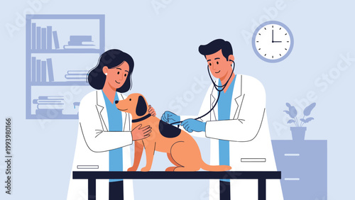 Male and female veterinarians in white coats using a stethoscope to examine a friendly brown dog in a clean veterinary clinic room.