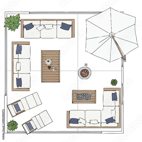 Aerial perspective rendering of a spacious contemporary outdoor living area layout featuring modular seating arrangements sectional sofas lounge chairs a central coffee table a fire pit and a