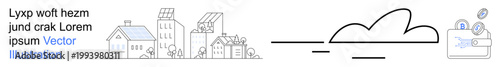 Smart cities, cloud computing, eco-innovation, digital payments, renewable energy, urban planning. Minimalist cityscape, cloud wallet icons with gears. Smart cities and cloud computing concepts