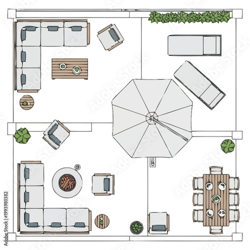 Aerial view of a furnished outdoor living space layout featuring comfortable seating arrangements including a sectional sofa lounge chairs and a dining set perfect for relaxation and gatherings
