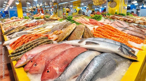 Busy Local Fish Market with Vendors Arranging Fresh Seafood Display