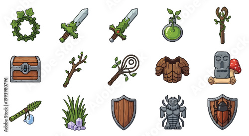 A collection of fifteen hand-drawn fantasy RPG icons featuring nature-themed items like mossy swords, wooden staves, and organic armor pieces.