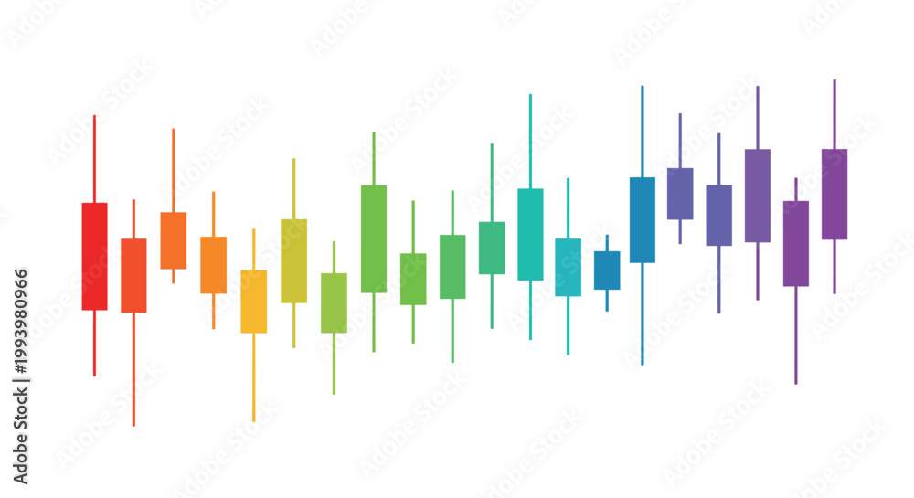 Obraz premium Colorful candlestick chart for stock market analysis using a full rainbow spectrum of colors to represent financial data trends and trading.