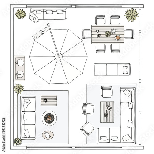 Aerial view overhead residential patio layout plan with furniture arrangement seating dining umbrella fire pit and landscaping elements for outdoor living space design conception furniture icons
