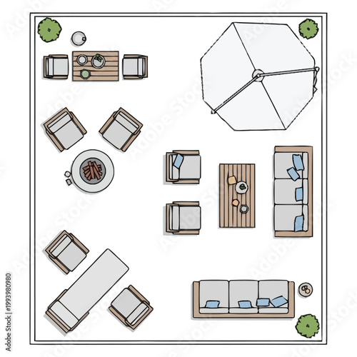 Comprehensive overhead view layout plan for a spacious outdoor living area with diverse seating arrangements for relaxation and entertainment creating a functional and inviting patio design
