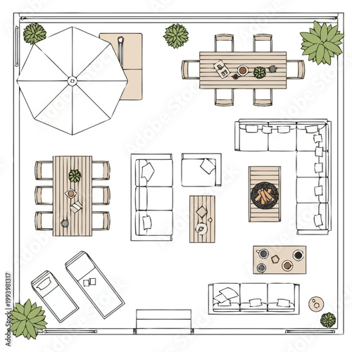 Aerial view of an outdoor living area layout featuring a spacious patio design with sectional seating dining tables lounge chairs and potted plants illustrating home planning and exterior design