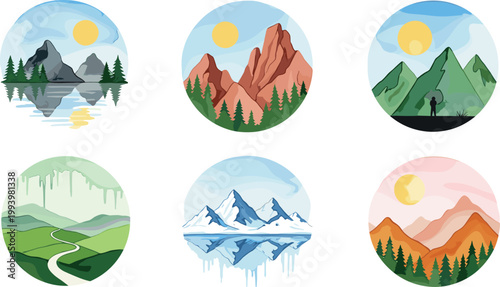 Mountain landscape icons set nature scenery with sun forest rivers and peaks flat design vector illustration collection isolated