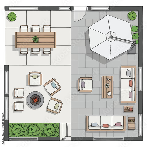 Aerial view of a well designed outdoor living space featuring comfortable seating arrangements a spacious dining area and a large umbrella for shade perfect for entertaining guests and enjoying