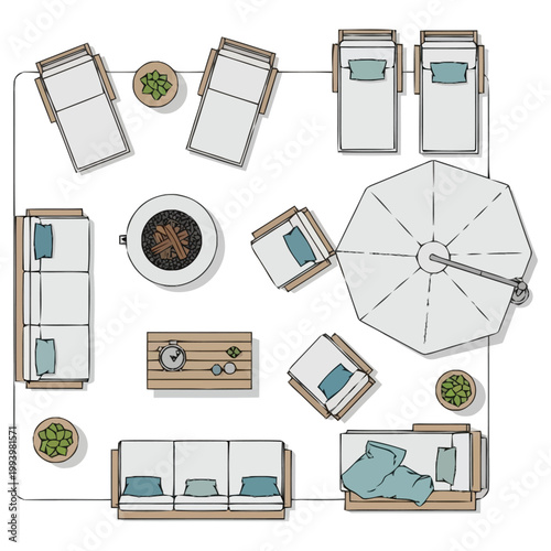 Top down view of outdoor lounge furniture arrangement featuring deck chairs sofa fire pit coffee table and large umbrella ideal for patio design planning and relaxation resort planning
