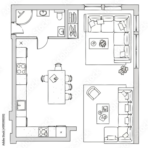 Detailed floor plan architectural drawing displays a functional living space layout including a kitchen area dining room and seating arrangement with furniture placement and room divisions for
