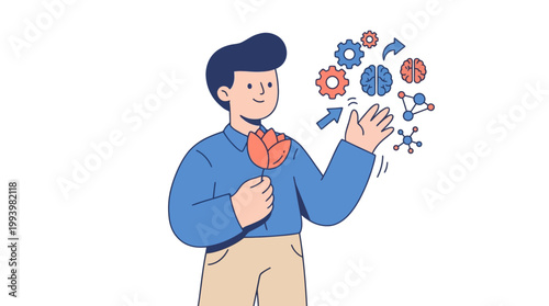 Man with flower and gears brains and molecular structures illustrative concept