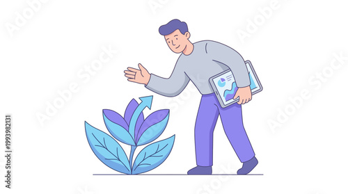 Man observing plant growth with upward arrow symbolising progress and development