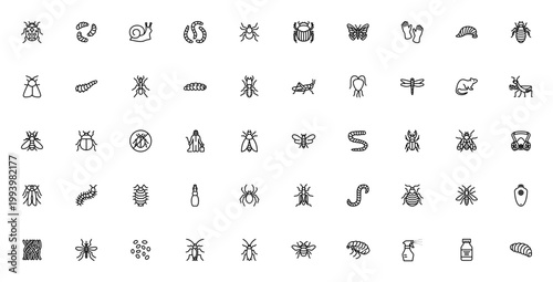 Insects Parasites Pest Control icon set. Vector symbols for ladybug, snail, spider, mosquito, cockroach, pesticide, exterminator and more. Editable stroke.
