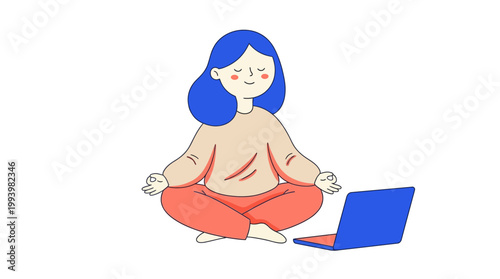 Woman meditating with laptop online calm digital wellness illustration concept