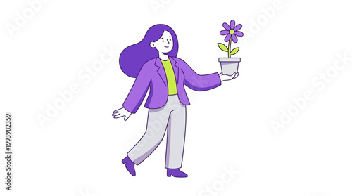 Foto Woman holding flower illustration in flat cartoon style isolated on white backgr