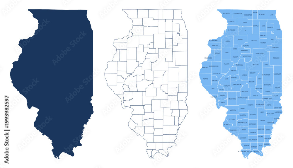 Fototapeta premium Illinois Counties Map - State Silhouette, County Outline and Labeled Map Vector