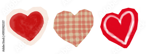 Hand-drawn watercolor red heart sticker set for scrapbooking. Collection includes checkered pattern and glowing outline designs. DIY zine collage elements on transparent background