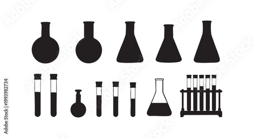 Collection of various laboratory glassware including flasks beakers and test tubes for scientific experiments isolated on white.