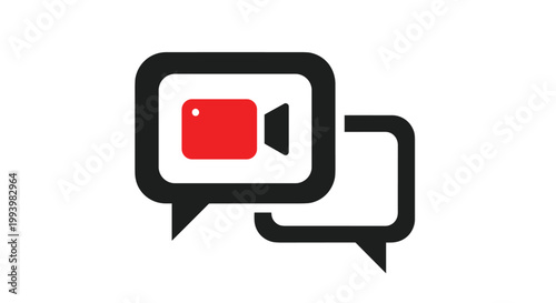 Video chat and digital communication icon showing two speech bubbles with a red video camera symbol in one of them.