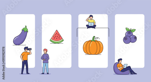 Tiny people interacting with large healthy food icons like eggplant, watermelon, pumpkin, and blueberries in panels.