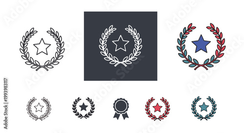 Multiple styles of laurel wreaths with a central star representing awards, excellence, and sporting achievements.