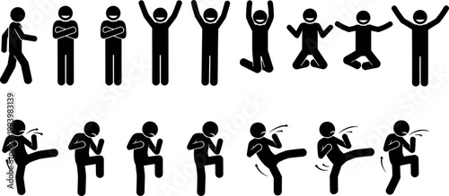 Stick Figure Martial Arts and Human Emotion Poses Set with Fighting Kicks, Celebrating Gestures, and Body Language Silhouettes Vector CollectionStick Figure Martial Arts and Human Emotion Poses Set wi