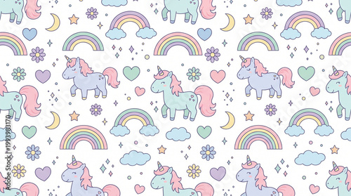 Unicorns, rainbows, and stars pattern, creating a magical scene in a delightful design 